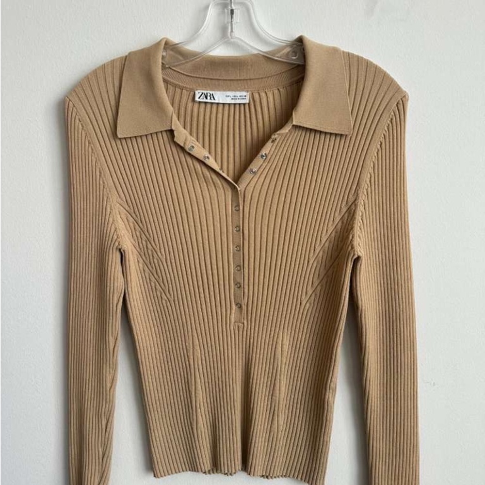 Zara Beige Ribbed Button Down Long Sleeve Top Large Size